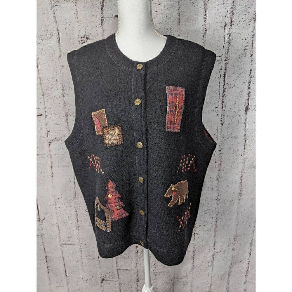 Woolrich Black Cabin Core Mama Bear Button Up Black‎ Wool Vest Sz XL